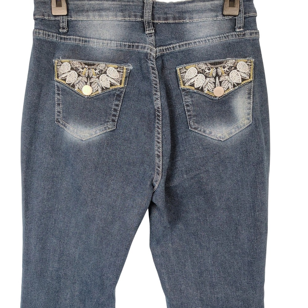 High Rise Flare Jeans Dark Wash Embroidered Back Pockets Size L‎ Boho Y2K